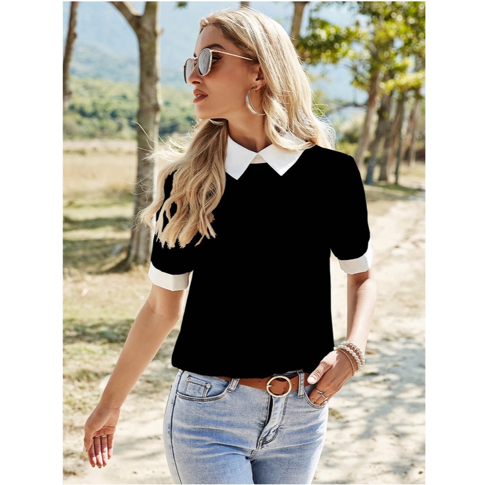 Black Blouse Shirt White Collar - Picture 3 of 12